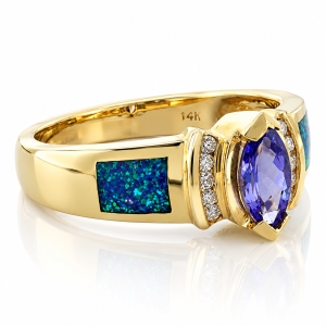 Anillo de Oro Macizo 14K con Opalo y Tanzanita