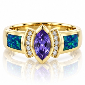 Anillo de Oro Macizo 14K con Opalo y Tanzanita
