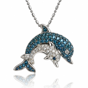 Colgante de Delfín Oro Blanco con Diamantes Azules y Blancos Naturales