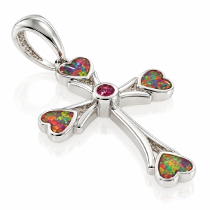 Dije de Cruz con Zafiro Rosa y Ópalo Australiano en Plata .925