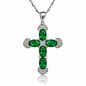 Preciosa Cruz de Plata Con Esmeralda y Circonitas 32 mm x 20 mm
