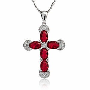 Preciosa Cruz de Plata Con Rubi y Circonitas 32 mm x 20 mm