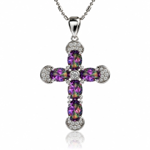 Preciosa Cruz de Plata Con Topacio Mistico y Circonitas 32 mm x 20 mm