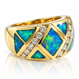 Precioso Anillo de Oro 14K con Opalo y Diamantes
