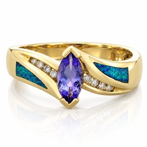 Precioso Anillo de Tanzanita, Diamantes y Opalo en Oro de 14K