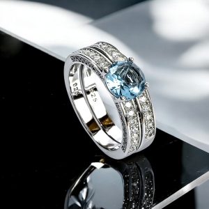 Doble Anillo de Compromiso Corte Redondo Aguamarina