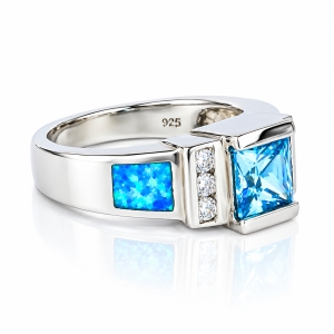 Hermoso Anillo de Plata con Topacio Azul y Ópalo Australiano