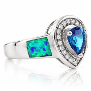 Anillo de Topacio Azul con Ópalo en Plata de Ley .925