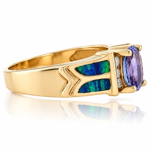 Anillo de Opalo Australiano con Tanzanita Oro Solido de 14K