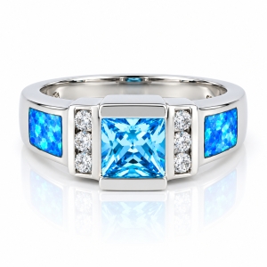 Hermoso Anillo de Plata con Topacio Azul y Ópalo Australiano