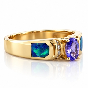 Anillo de Oro Macizo 14K con Tanzanita, Diamantes y Opalo