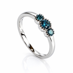 Anillo de Oro Blanco Macizo de 14K con 3 Diamantes Azules