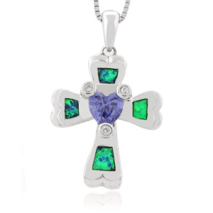 Dije de Cruz en Plata De Ley con Tanzanita y Ópalo Australiano