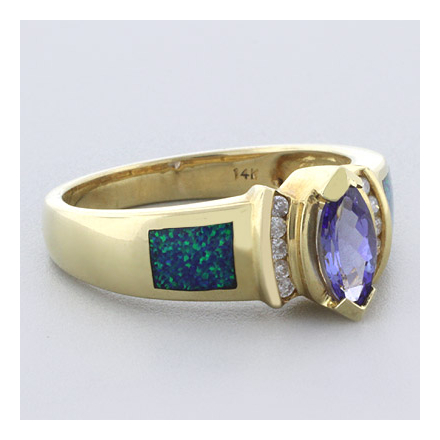 Blue Opal with Tanzanite Yellow Gold RIng in 14K