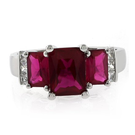 3 Ruby Emerald Cut Gemstone Silver Ring