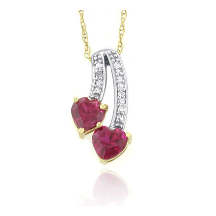 Ruby and Diamond Double Heart Necklace 10K Yellow Gold