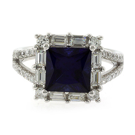 High Quality Princess Cut Blue Sapphire Silver Ring