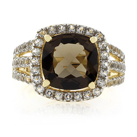 Authentic Cushion Cut Smoked Topaz Gold Plated Silver Ring