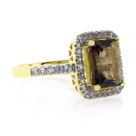Authentic Emerald Cut Smoked Topaz Gold Plated Silver Ring