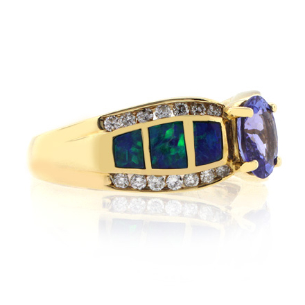 Solid Gold Black Opal Ring with Tanzanite