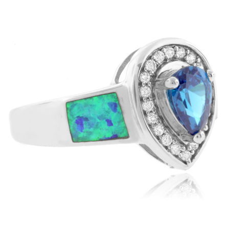 Pear Cut Blue Topaz and Australian Opal .925 Silver Ring