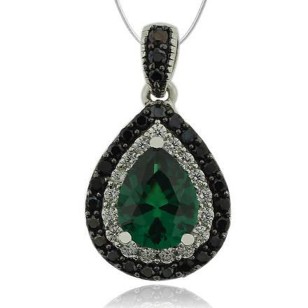 Sterling Silver Pendant With Emerald Gemstone in Drop Cut and Zirconia.