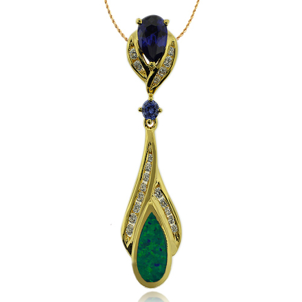 Precious Gold Plated Pendant With Tanzanite Gemstone in Drop Cut and Australian Opal