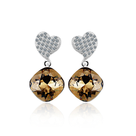 Swarovski Crystals Smokey Cuartz Color Sterling Silver Heart Earrings