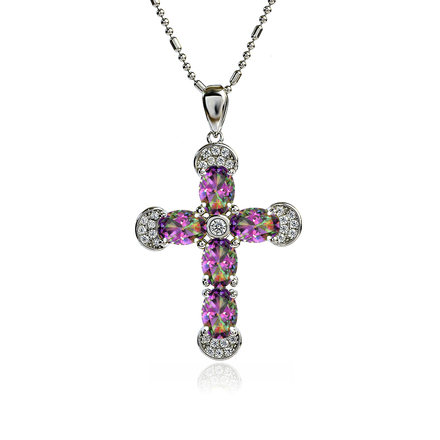 Beautiful Silver Cross With Mystic Topaz and Zirconia 32 mm x 20 mm