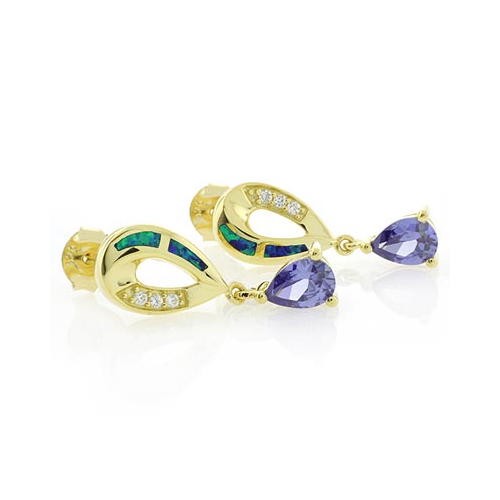 Hermosos Aretes de Tanzanita y Ópalo con Baño de Oro 14K