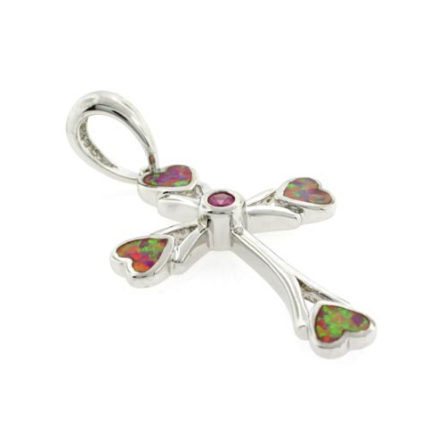 Dije de Cruz con Zafiro Rosa y Ópalo Australiano en Plata .925