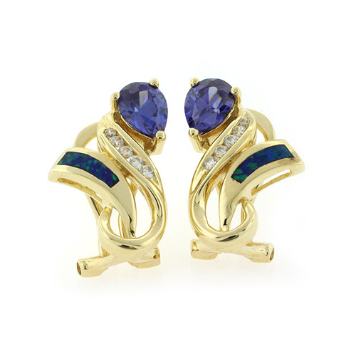 Elegantes Aretes de Tanzanita y Ópalo con Baño de Oro 14K
