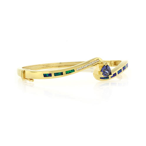Brazalete de Plata .925 en Baño de Oro 14K con Tanzanita y Opalo