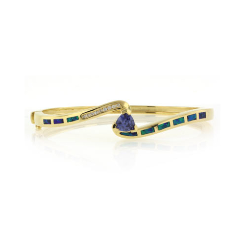 Brazalete de Plata .925 en Baño de Oro 14K con Tanzanita y Opalo