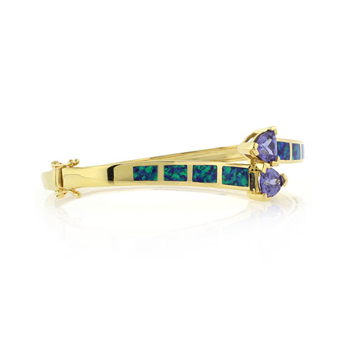Brazalete de Plata de Ley con Baño de Oro 14K, Tanzanita y Opalo