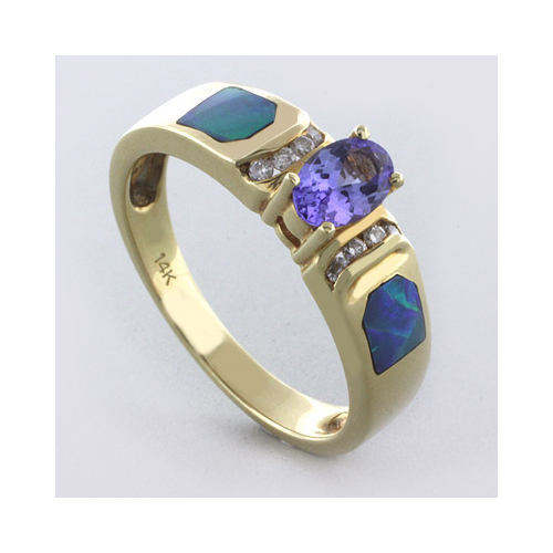 Anillo de Oro Macizo 14K con Tanzanita, Diamantes y Opalo