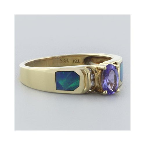 Anillo de Oro Macizo 14K con Tanzanita, Diamantes y Opalo