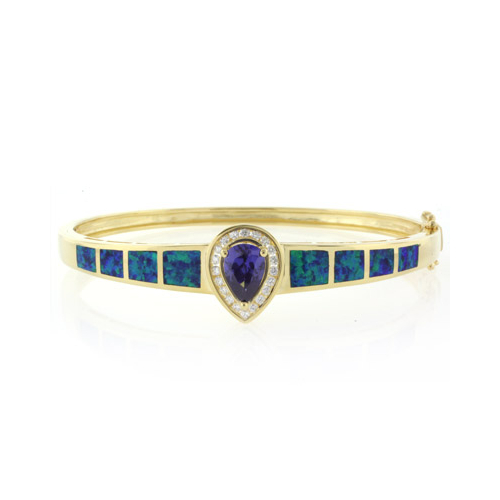 Brazalete de Plata .925 en Baño de Oro 14K con Tanzanita y Opalo Australiano