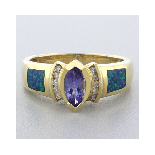 Anillo de Oro Macizo 14K con Opalo y Tanzanita