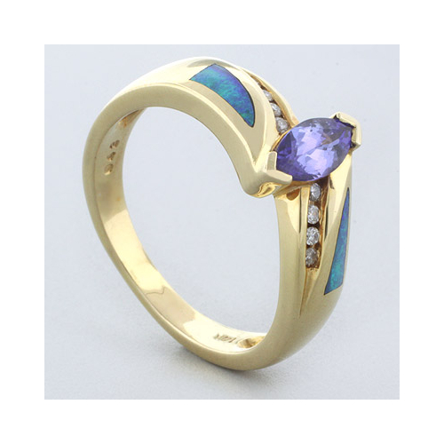 Precioso Anillo de Tanzanita, Diamantes y Opalo en Oro de 14K