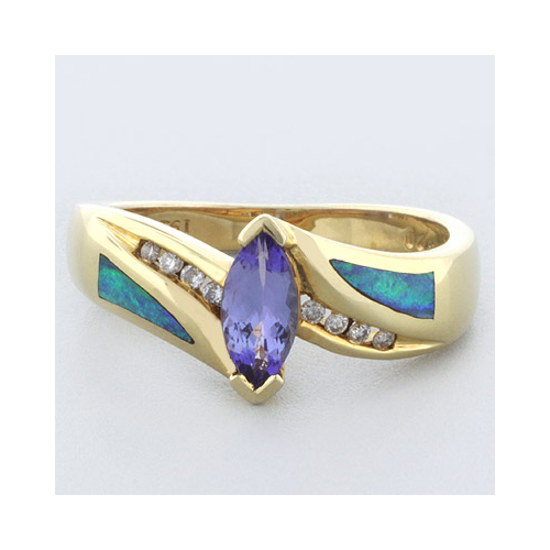 Precioso Anillo de Tanzanita, Diamantes y Opalo en Oro de 14K