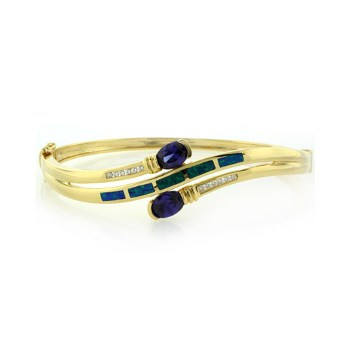 Brazalete de Plata .925 con Baño de Oro 14K, Tanzanita y Opalo Australiano