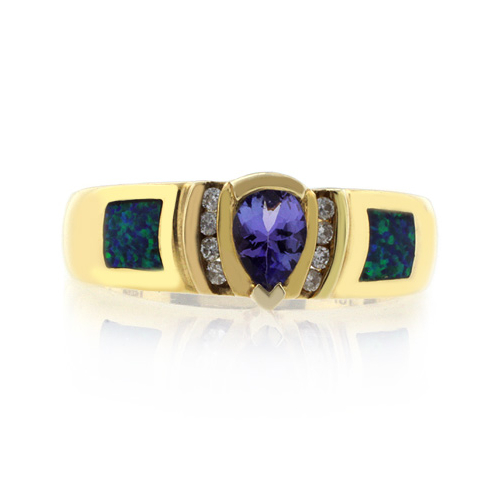 Anillo de Oro Solido con Opalo y Tanzanita
