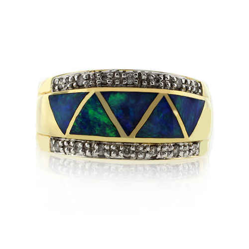 Anillo de Oro Amarillo Macizo 14K con Opalo y Diamantes