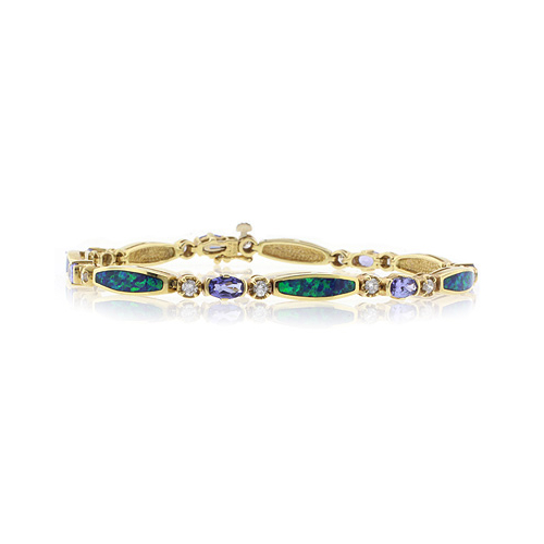Pulsera de Oro Sólido de 14K con Tanzanita, Diamantes y Ópalo Genuinos