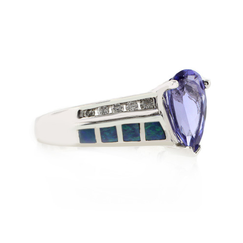 Anillo de Oro Blanco Macizo 14K con Opalo y Tanzanita
