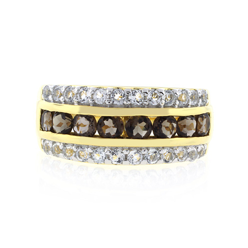 Anillo de Plata con Baño de Oro y Gemas de Topacio Ahumado