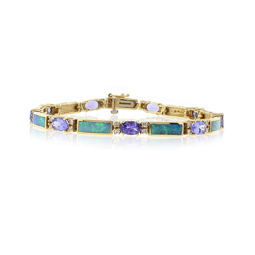 Pulsera de Oro Macizo de 14K con Tanzanita, Diamantes y Ópalo Genuinos