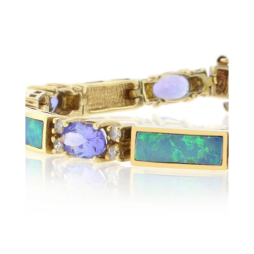 Pulsera de Oro Macizo de 14K con Tanzanita, Diamantes y Ópalo Genuinos