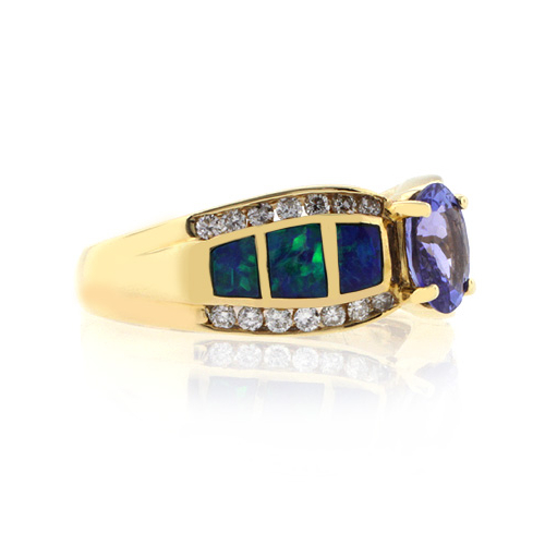 Anillo de Oro Macizo 14K con Opalo Australiano y Tanzanita